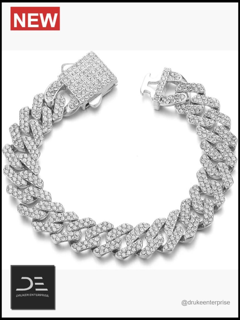 12mm Silver Plated Cuban Link Bracelet Rhinestone Iced Out Hip Hop Jewelry